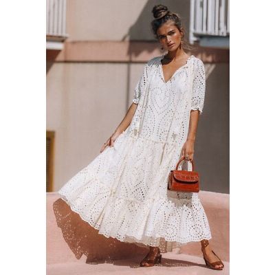 Spell & The Gypsy Collective Cream Eyelet Maxi Dress Tiered | Tassel Tie Neckl